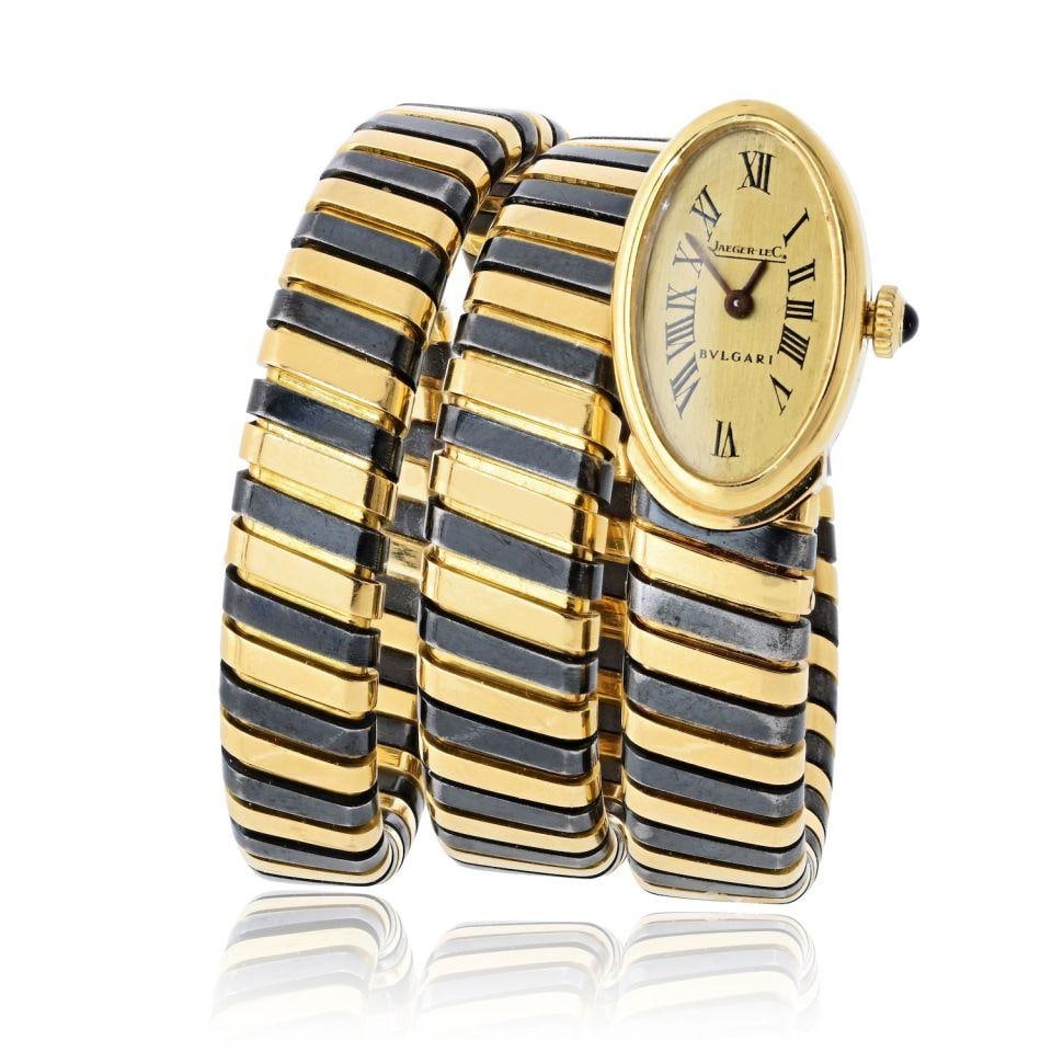 Bvlgari Serpenti 18K Yellow Gold Manual Watch Jaeger LeCoultre: Bvlgari Serpenti 18K Yellow Gold Manual Watch Jaeger LeCoultre This vintage Bvlgari Serpenti watch, dating to circa 1965, features a striking combination of 18K yellow gold and blackened steel. The ti