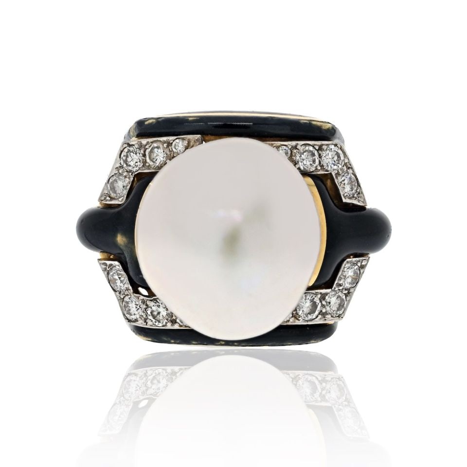 David Webb Platinum 18K Gold Pearl Diamond Enamel Ring: David Webb Platinum 18K Gold Pearl Diamond Enamel Ring This exquisite David Webb ring features a stunning combination of platinum and 18K yellow gold, showcasing a beautiful pearl surrounded by diamon