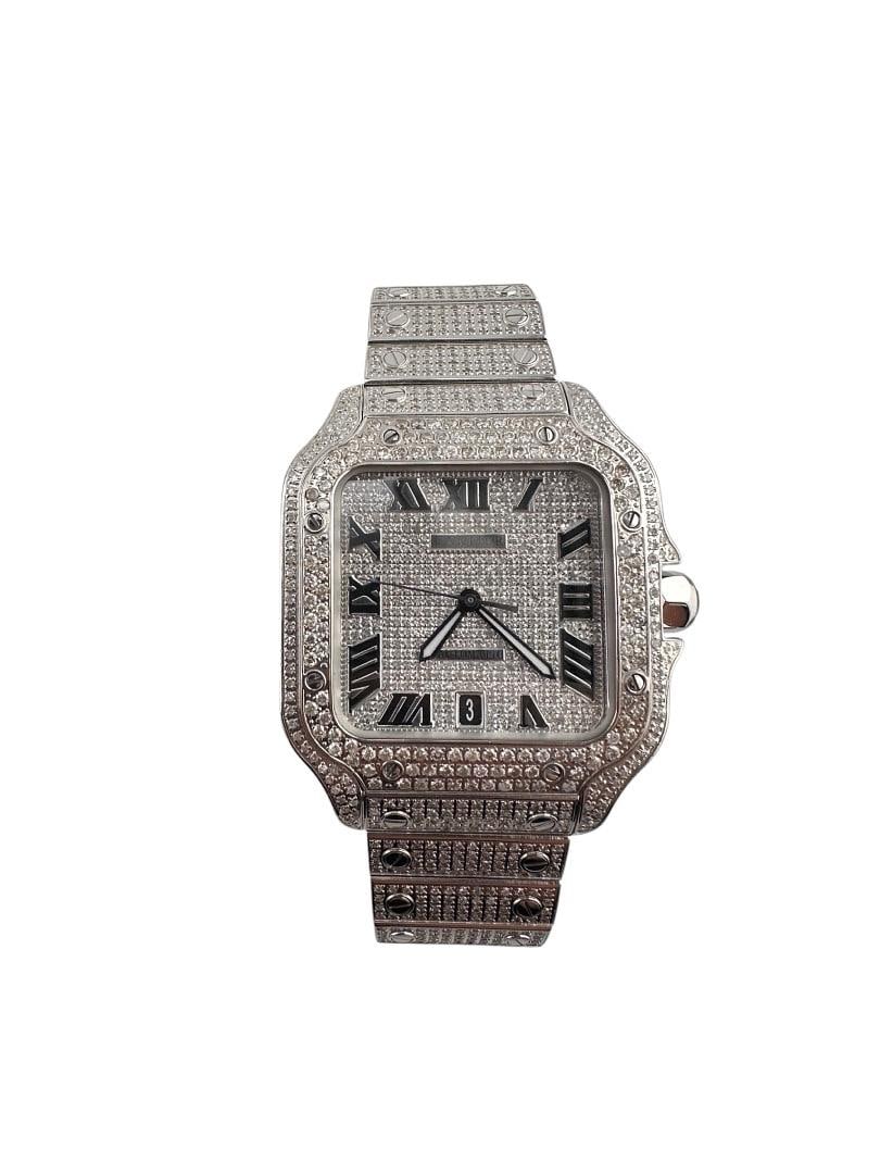 Cartier Ref 4072 Santos Watch Diamond Dial Bezel Bracelet with Papers 2020: Cartier Ref 4072 Santos Watch Diamond Dial Bezel Bracelet with Papers 2020 This Cartier Santos watch features a diamond Roman dial, a diamond-set bezel, and a diamond bracelet. The watch is a men's mo