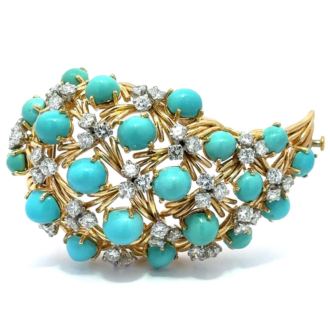European 18k Yellow Gold Platinum Turquoise Diamond Paisley Brooch: European 18k Yellow Gold Platinum Turquoise Diamond Paisley Brooch This exquisite brooch showcases a stunning paisley design, crafted from solid 18k yellow gold and featuring platinum baskets for the 