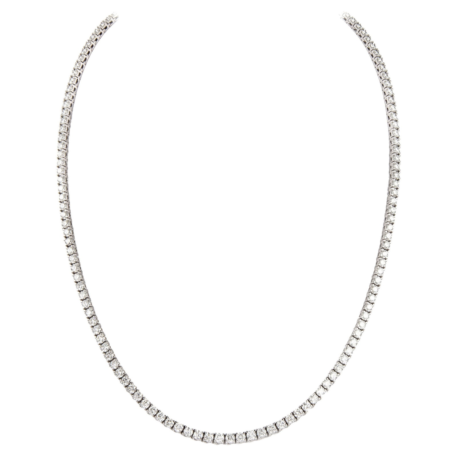 21.84 Carat Diamond Tennis Necklace 18K White Gold 22in: 21.84 Carat Diamond Tennis Necklace 18K White Gold 22in This stunning diamond tennis necklace features 21.84 carats of round brilliant diamonds, showcasing approximately H/I color and SI clarity. Craf