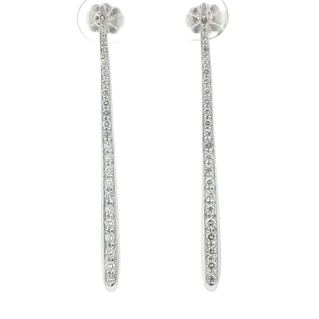 Dangle Earrings 18k White Gold With 0.60ctw Natural Diamond Line Drop Bars: Dangle Earrings 18k White Gold With 0.60ctw Natural Diamond Line Drop Bars These modern dangle earrings are crafted in solid 18k white gold and feature a sleek bar design set with 45 round brilliant c