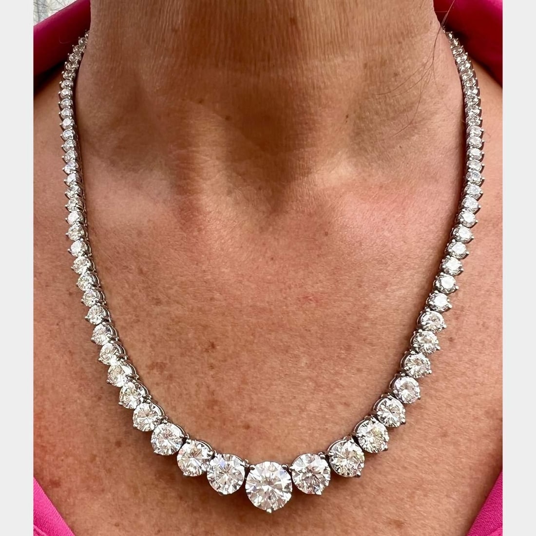 Platinum 58.30 Ct GIA Certified Graduated Diamond Necklace: Platinum 58.30 Ct GIA Certified Graduated Diamond Necklace This exquisite graduated diamond necklace is crafted in platinum and features a remarkable total diamond weight of 58.30 ct. The necklace is 
