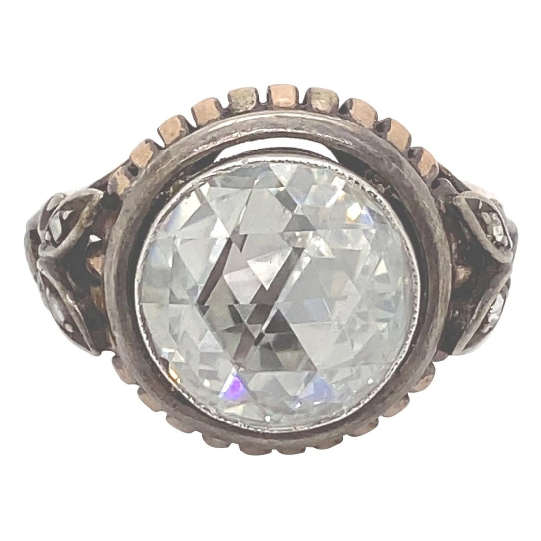 Vintage Victorian Rose Cut Diamond Ring 4.50ct Silver Bezel Set: Vintage Victorian Rose Cut Diamond Ring 4.50ct Silver Bezel Set This exquisite vintage Victorian style ring features a stunning center round rose cut diamond weighing approximately 4.50 carats, with t