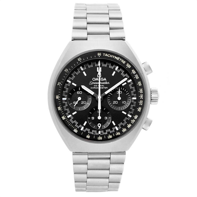 Omega Speedmaster Mark II Black Dial Stainless Steel Bracelet Ref 327.10.43.50.01.001: Omega Speedmaster Mark II Black Dial Stainless Steel Bracelet Ref 327.10.43.50.01.001 This Omega Speedmaster Mark II features a black dial paired with a fixed bezel and is presented on a stainless ste