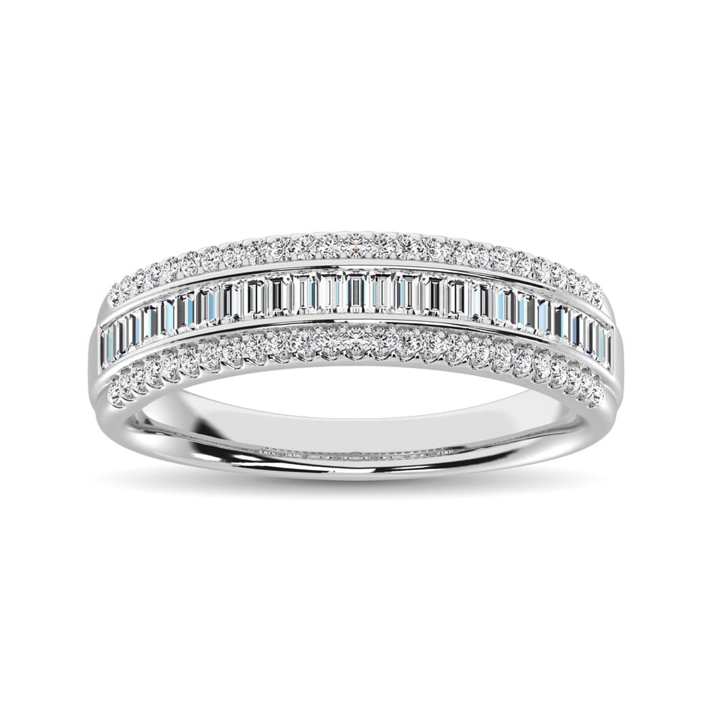 14K White Gold Round and Baguette Diamond 2/5 Ct.Tw. Anniversary Band: 14K White Gold Round and Baguette Diamond 2/5 Ct.Tw. Anniversary Band Dare to dazzle with this stunning woMen?sband. It showcases both round and baguette diamonds totaling in 2/5 CT.TW. along half of 