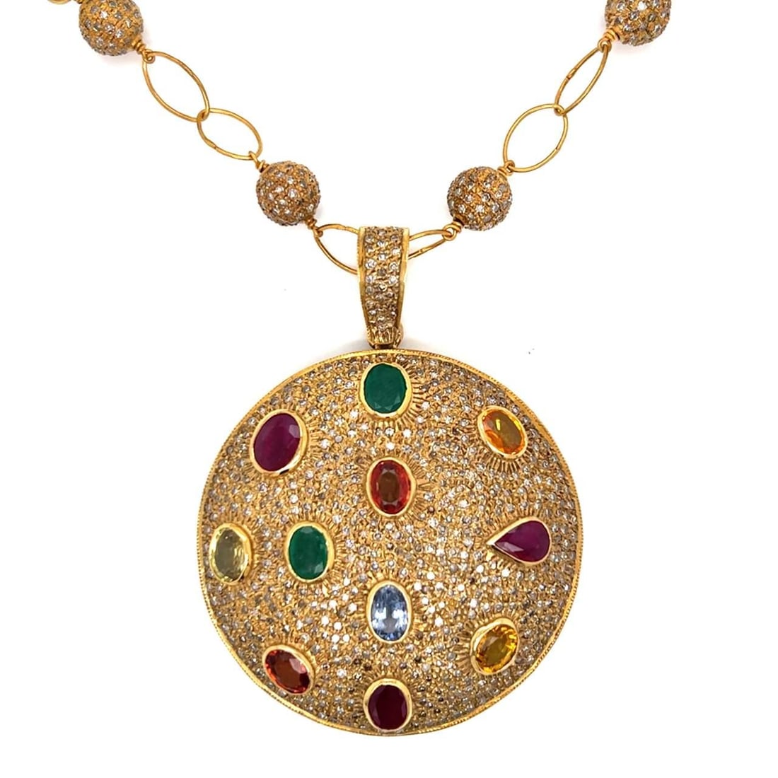Stunning Silver Necklace with Rubies Emeralds Sapphires and 1500 Diamonds: Stunning Silver Necklace with Rubies Emeralds Sapphires and 1500 Diamonds This stunning Silver Necklace features a beautiful arrangement of Rubies, Emeralds, and Sapphires, complemented by approximate