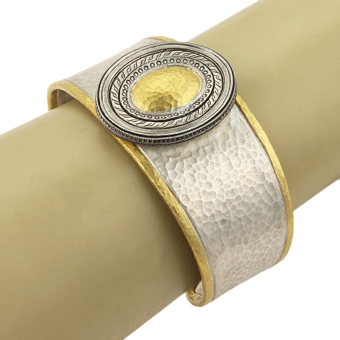 Gurhan Cavalier Sterling Silver 24k Gold Accent Cuff Bracelet: Gurhan Cavalier Sterling Silver 24k Gold Accent Cuff Bracelet This Gurhan Cavalier cuff bangle bracelet is crafted from sterling silver and features luxurious 24k gold accents. It showcases a bold ope