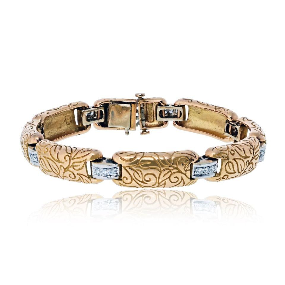 Diamond 0.75ct Two Tone 18K Gold Bracelet 7 Inch Vintage Style: Diamond 0.75ct Two Tone 18K Gold Bracelet 7 Inch Vintage Style This vintage bracelet features an 18K two-tone metal design set with approximately 0.75 carats total weight of diamonds. The bracelet is 