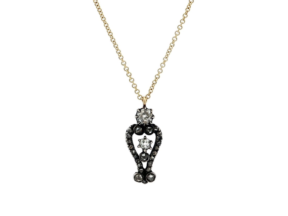 Antique Georgian Gold Silver Diamond Pendant 0.18ct Adjustable Chain: Antique Georgian Gold Silver Diamond Pendant 0.18ct Adjustable Chain This exquisite Antique Georgian pendant showcases a delicate blend of yellow gold and silver, featuring a stunning array of (25) na
