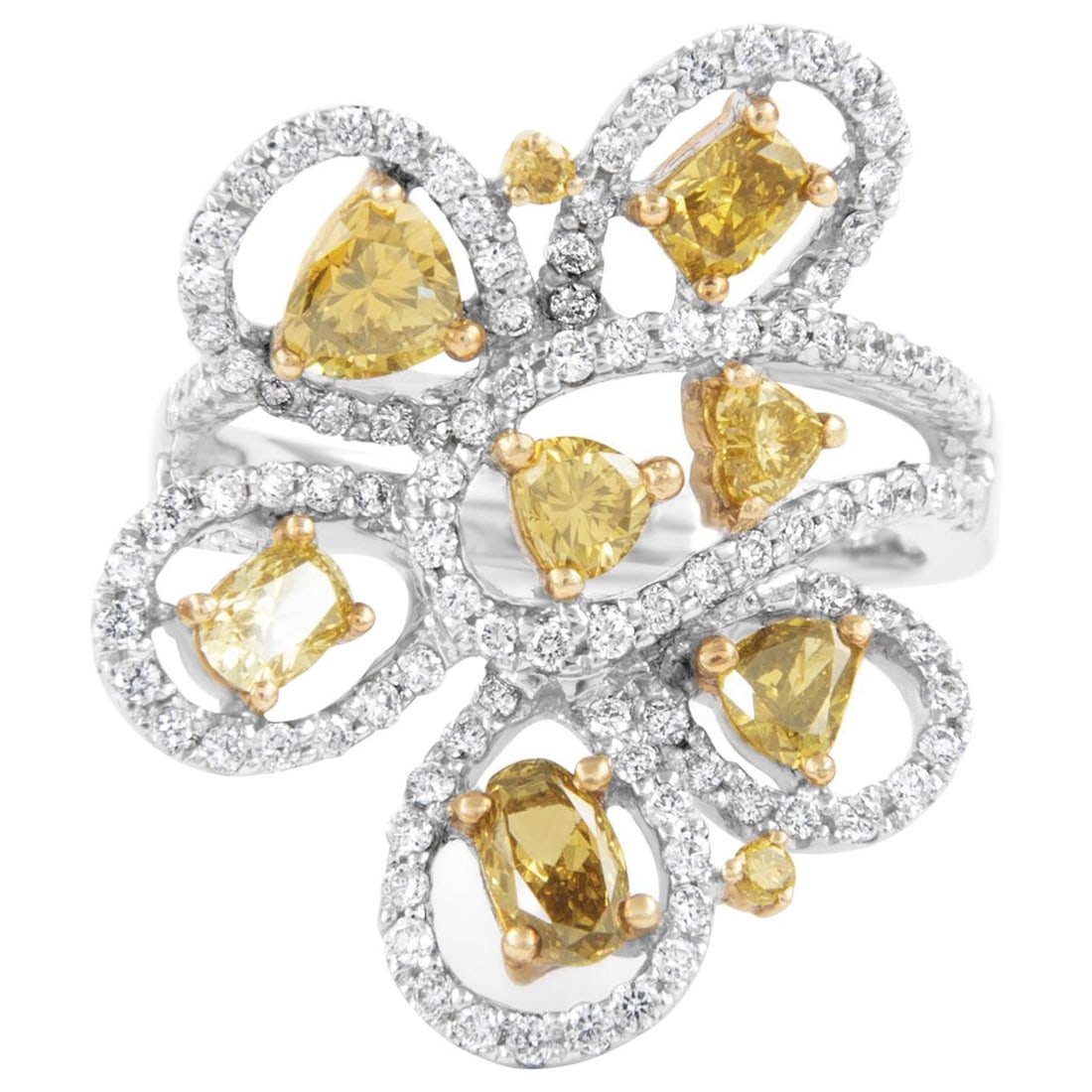 1.59ct Greenish Brownish Yellow Diamond Floral Ring in 18k Gold: 1.59ct Greenish Brownish Yellow Diamond Floral Ring in 18k Gold This exquisite floral ring showcases a stunning 1.59ct total diamond weight, featuring a unique arrangement of 5 mixed diamonds with a F