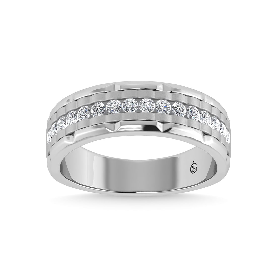 14K White Gold Diamond 1/2 Ct.Tw. Mens Machine Band: 14K White Gold Diamond 1/2 Ct.Tw. Mens Machine Band 14k White Gold Stone Color: G-h Stone Clarity: I1-i2 Each ring is presented in standard size 6.5. Complimentary resizing is available between sizes 