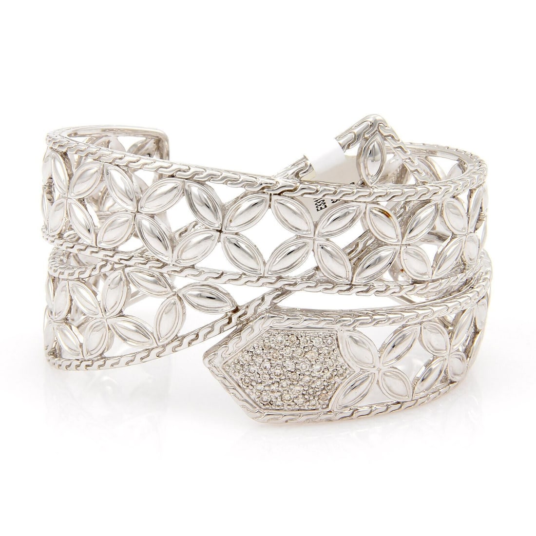 John Hardy Kawung Sterling Silver Diamond Floral Cuff Bracelet: John Hardy Kawung Sterling Silver Diamond Floral Cuff Bracelet This authentic John Hardy Kawung cuff bangle bracelet is crafted from solid 925 sterling silver and features an intricate floral-inspired