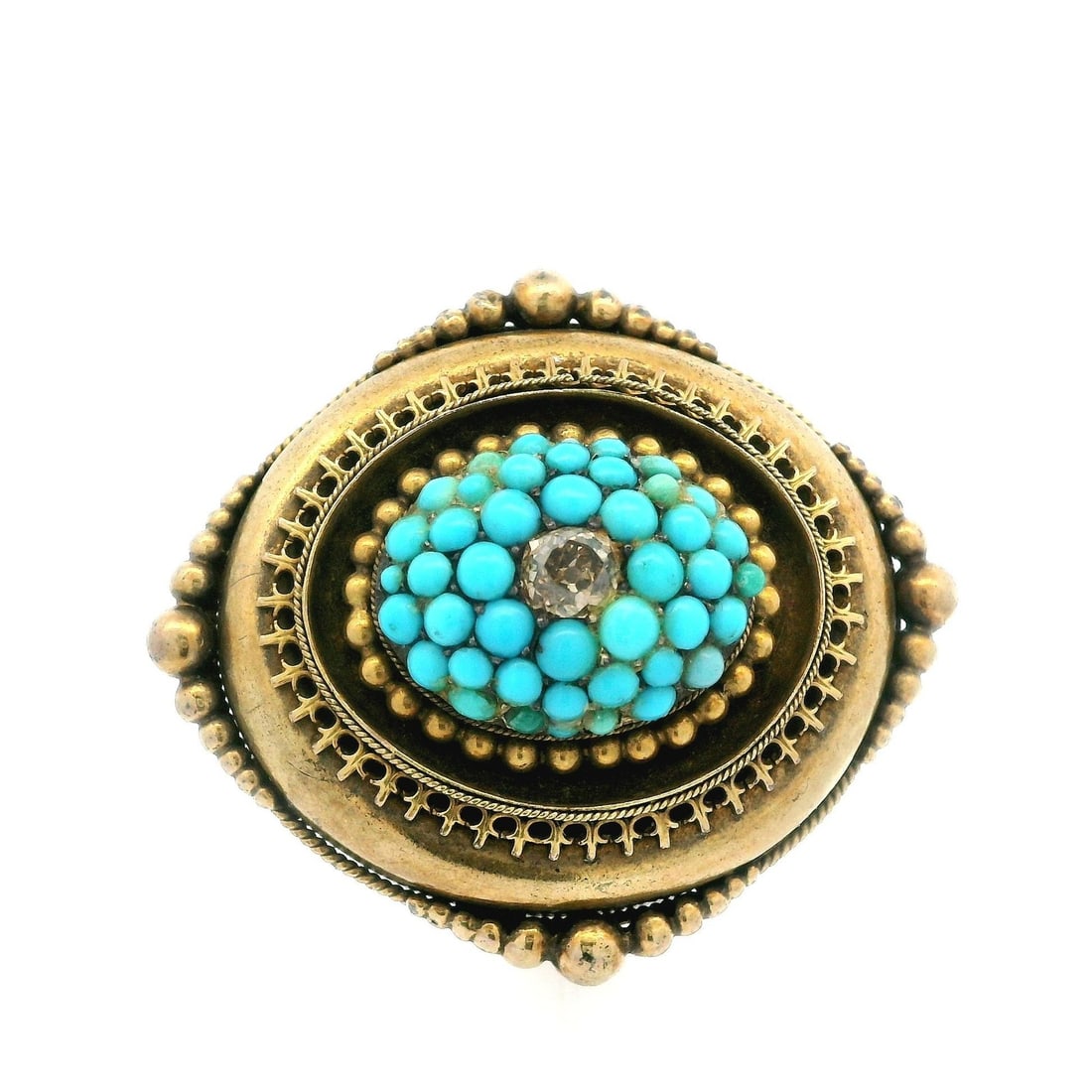 Victorian 18k Yellow Gold Diamond Turquoise Brooch Pin: Victorian 18k Yellow Gold Diamond Turquoise Brooch Pin This antique early Victorian brooch features a natural old mine cut diamond, approximately 0.40 carats, set in solid 18k yellow gold. The brooch 
