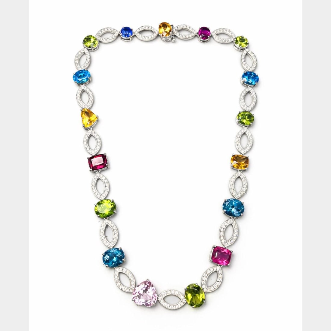 Diamond and Semi-Precious Gemstone Necklace in 18K White Gold 17.5 Inch: Diamond and Semi-Precious Gemstone Necklace in 18K White Gold 17.5 Inch This elegant necklace features 18K white gold, adorned with approximately 272 diamonds totaling 8.10 carats in E-G color and VVS