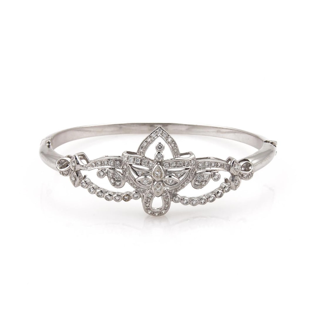 Stunning 1.00ct Diamond Floral Bangle Bracelet in 14k White Gold: Stunning 1.00ct Diamond Floral Bangle Bracelet in 14k White Gold This exquisite bangle bracelet features a stunning open floral design, expertly crafted from 14k white gold with a polished finish. The