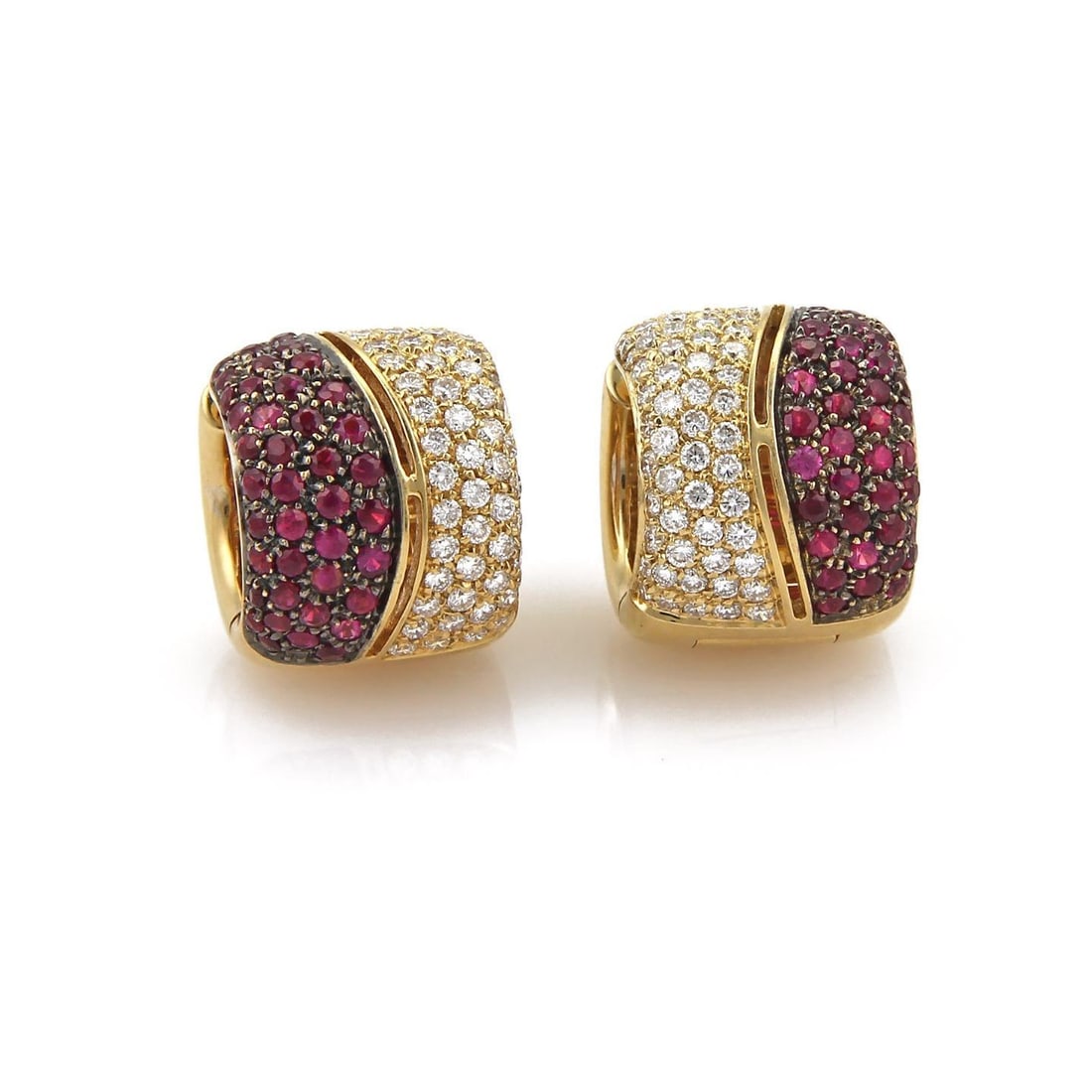 18k Yellow Gold Wide Huggie Earrings with 6.10ctw Diamonds and Rubies: 18k Yellow Gold Wide Huggie Earrings with 6.10ctw Diamonds and Rubies Adorn your ears with this stunning pair of wide huggie earrings, expertly crafted from 18k yellow gold. These earrings feature a s