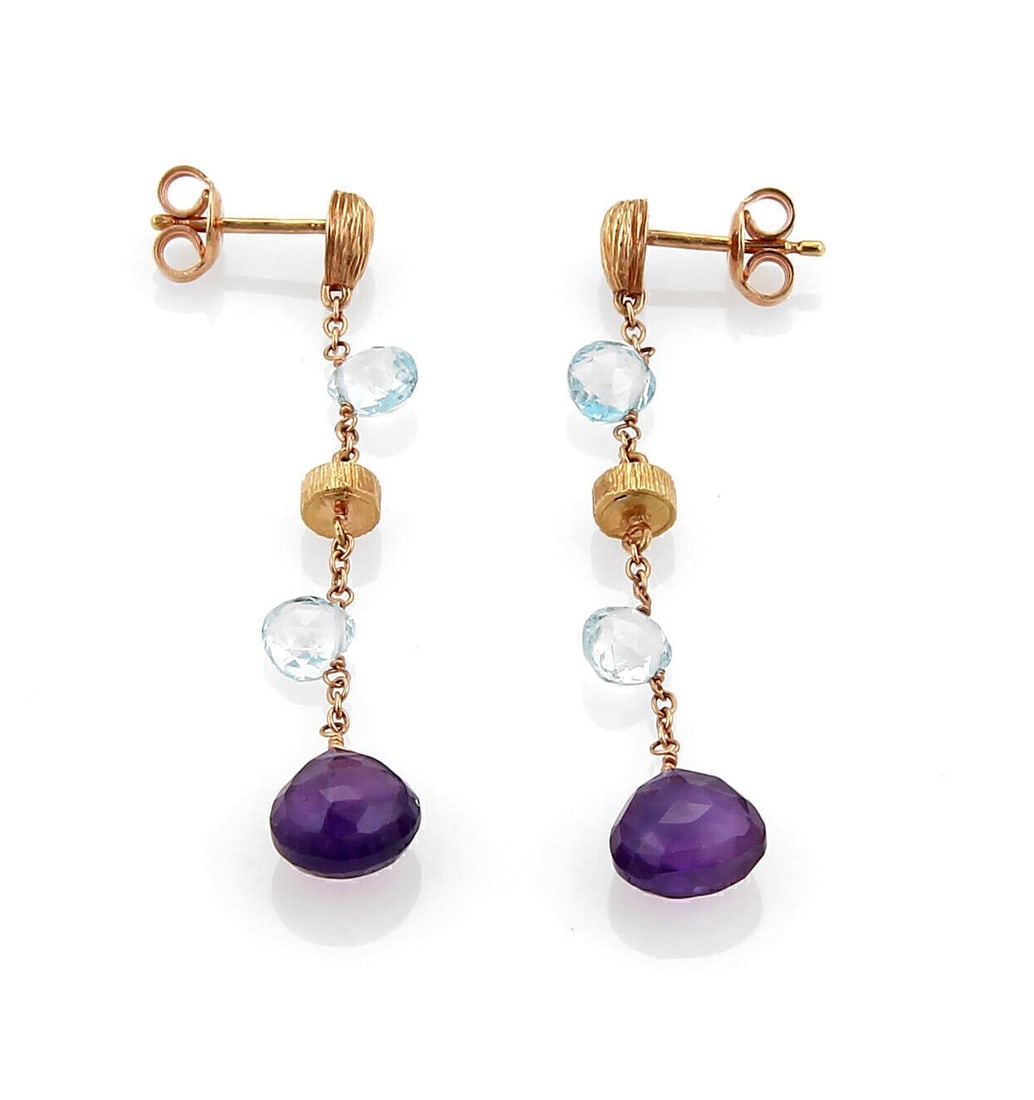 Vintage 18k Rose Gold Dangle Earrings with Amethyst and Blue Topaz: Vintage 18k Rose Gold Dangle Earrings with Amethyst and Blue Topaz These elegant dangle earrings are crafted from 18k rose gold and feature amethyst and blue topaz gemstone beads. The amethyst beads m