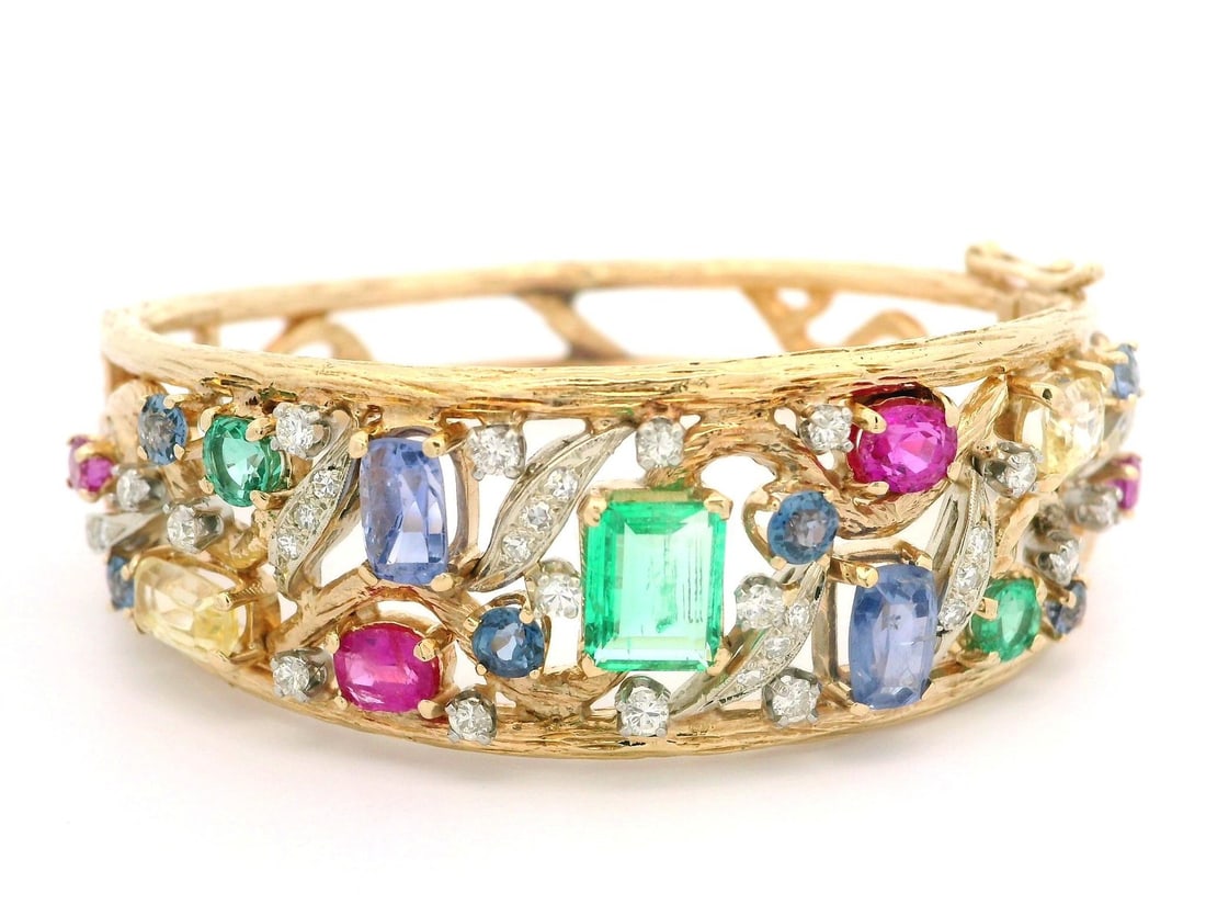 Vintage 13k Gold Hinged Bracelet with Pastel Sapphires Emeralds and Diamonds: Vintage 13k Gold Hinged Bracelet with Pastel Sapphires Emeralds and Diamonds This exquisite vintage open hinged bracelet beautifully showcases a harmonious blend of pastel color sapphires, emeralds, a