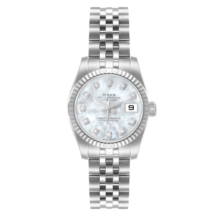 Ladies Datejust Ref 179174 White MOP Diamond Dial Fluted Bezel Jubilee Bracelet Watch: Ladies Datejust Ref 179174 White MOP Diamond Dial Fluted Bezel Jubilee Bracelet Watch This Rolex Datejust Lady wristwatch features a white mother-of-pearl dial adorned with diamond hour markers. It is