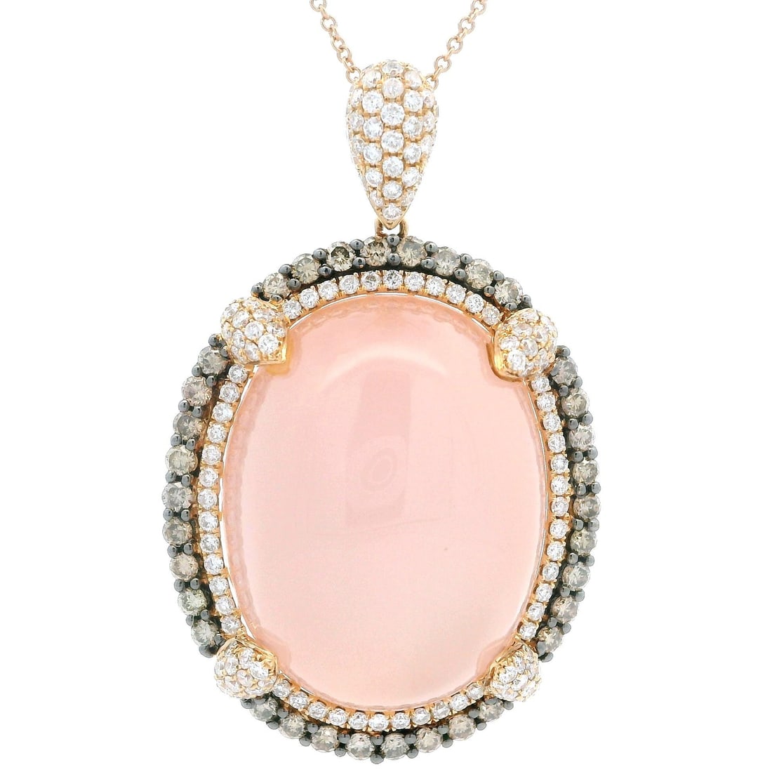18K Rose Gold Rose Quartz Diamond Halo Pendant Necklace 1.46ctw: 18K Rose Gold Rose Quartz Diamond Halo Pendant Necklace 1.46ctw This exquisite pendant necklace features a stunning natural genuine rose quartz cabochon, elegantly claw prong set in 18K solid rose gol