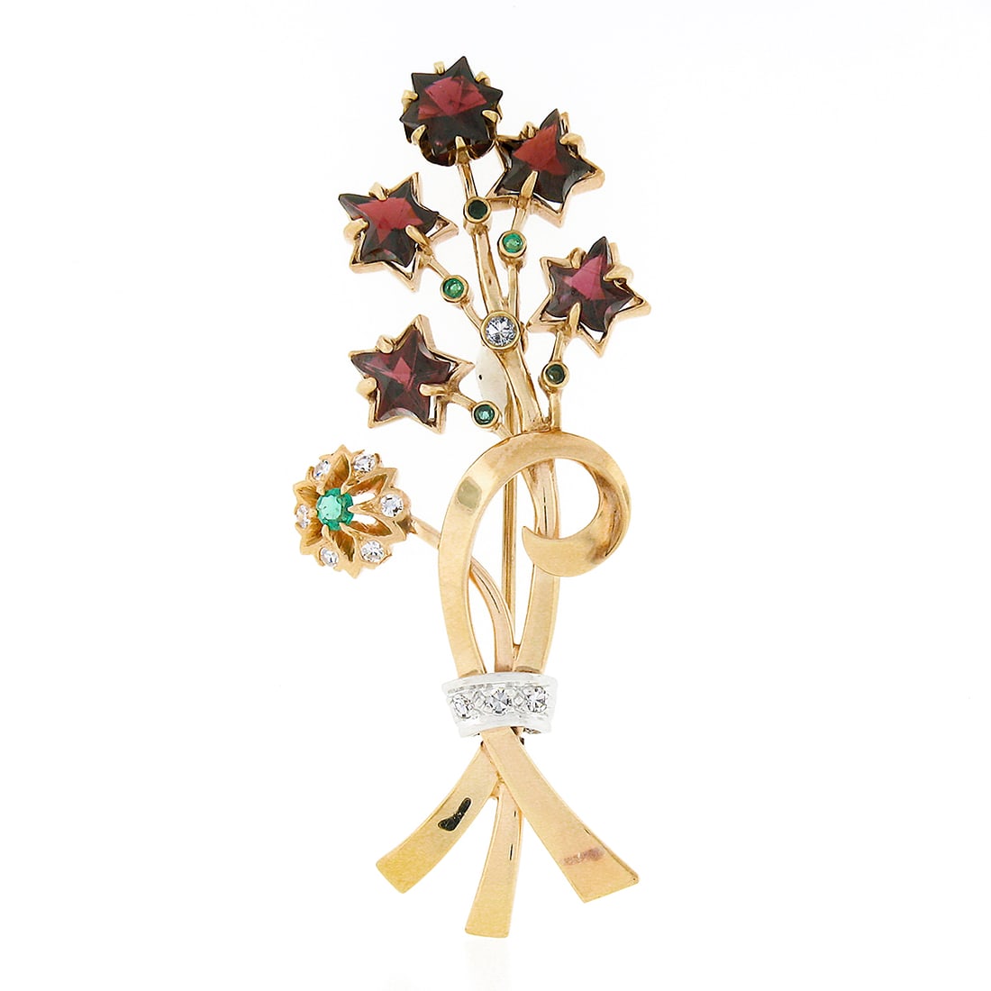 Vintage 14k Gold Custom Star Garnet Emerald Diamond Bouquet Brooch: Vintage 14k Gold Custom Star Garnet Emerald Diamond Bouquet Brooch This exquisite vintage brooch showcases a stunning bouquet design crafted from solid 14k yellow gold, weighing 12.09 grams. Featuring