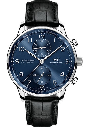 IWC Portugieser Chronograph IW371606 Blue Dial Leather Strap Watch with Card 2021: IWC Portugieser Chronograph IW371606 Blue Dial Leather Strap Watch with Card 2021 This IWC Portugieser Chronograph features a striking blue dial, housed in a classic design with a smooth bezel. The wa