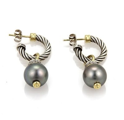 David Yurman Tahitian Pearl Diamond Hoop Dangle Earrings 18k Gold Sterling: David Yurman Tahitian Pearl Diamond Hoop Dangle Earrings 18k Gold Sterling These authentic David Yurman hoop dangle earrings are crafted from sterling silver and 18k yellow gold. Each earring features
