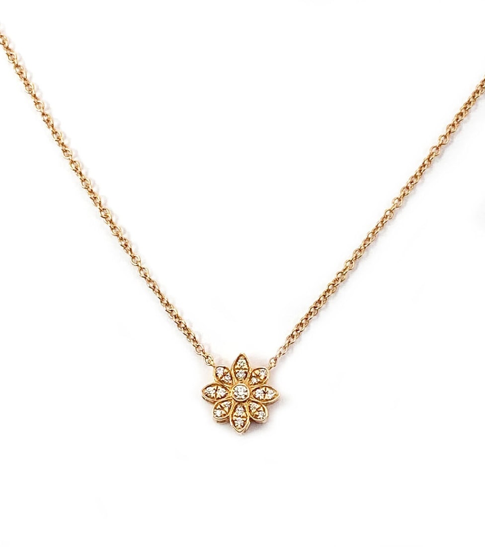 Tiffany Enchant 18k Rose Gold Diamond Flower Necklace: Tiffany Enchant 18k Rose Gold Diamond Flower Necklace This Tiffany & Co. Enchant Diamond Flower Pendant Necklace is crafted in 18k rose gold and features a star-petal flower pendant adorned with diamo