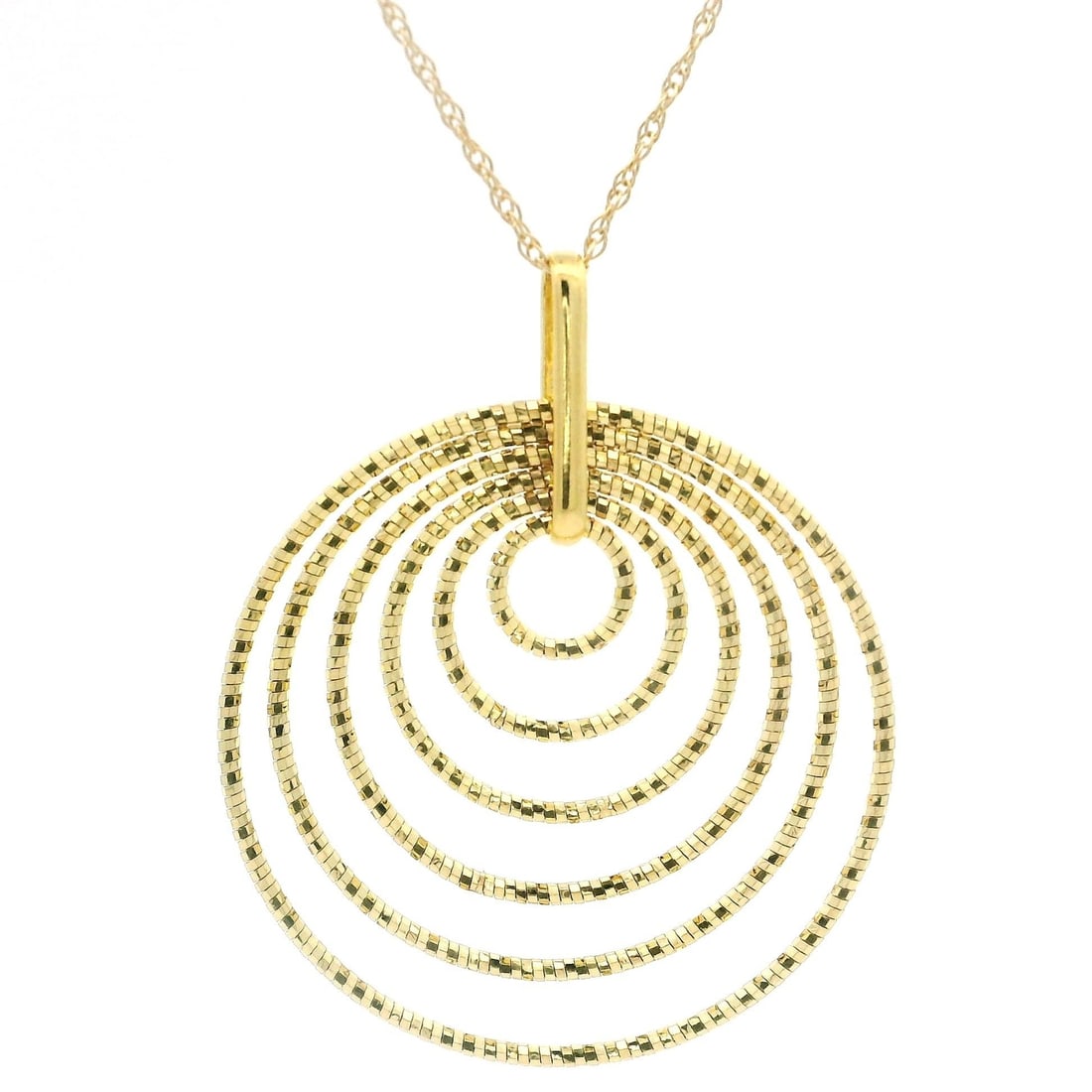 Italian 14K Yellow Gold Textured Circle Pendant Rope Chain Necklace 18in: Italian 14K Yellow Gold Textured Circle Pendant Rope Chain Necklace 18in This exquisite Italian 14K Gold Textured Concentric Circle Pendant Rope Link Chain Necklace showcases a beautifully crafted pen