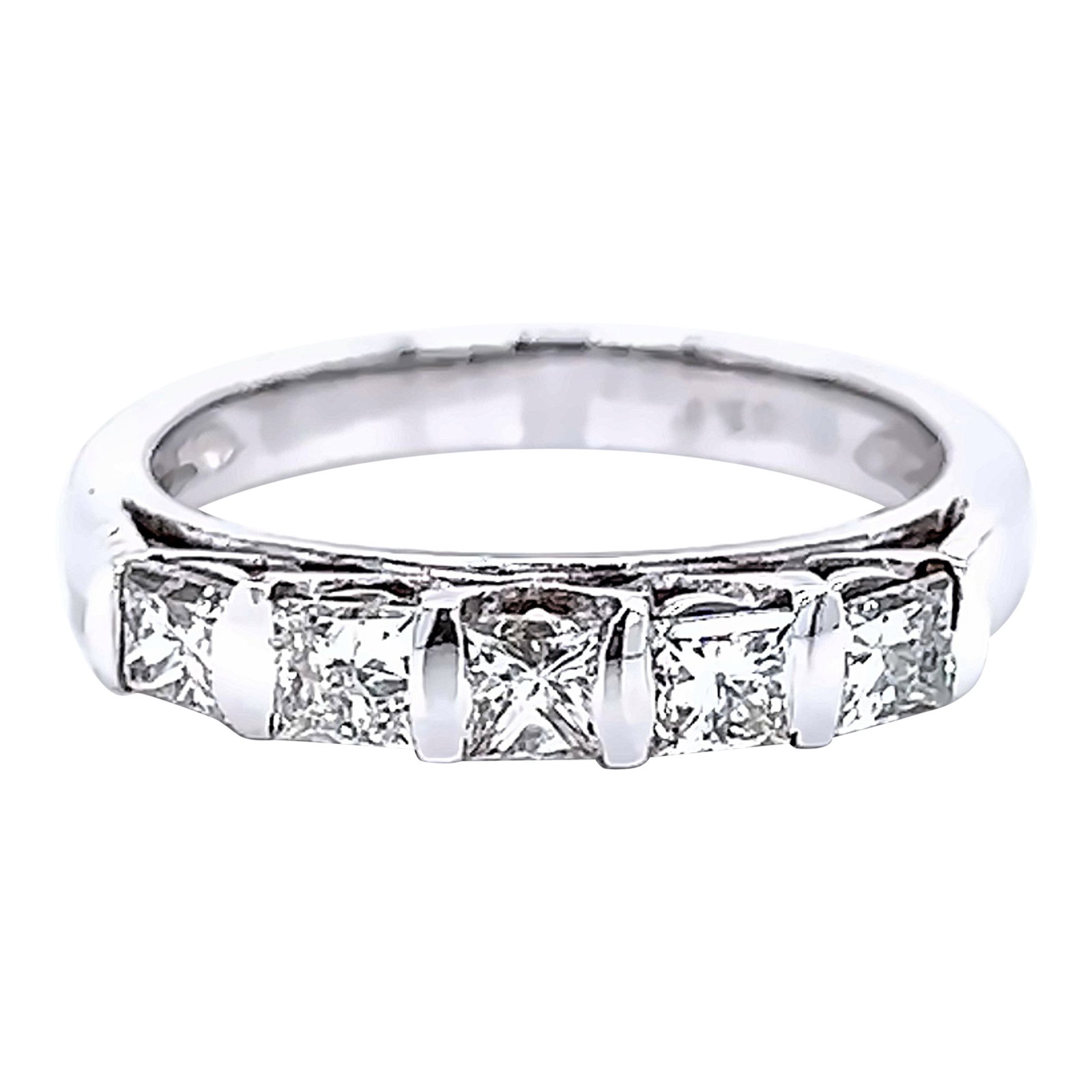 0.62ct Princess Cut Diamond Half Eternity Band in 18k White Gold: 0.62ct Princess Cut Diamond Half Eternity Band in 18k White Gold This exquisite half eternity band features a stunning arrangement of five princess cut diamonds totaling 0.62 carats, showcasing H colo