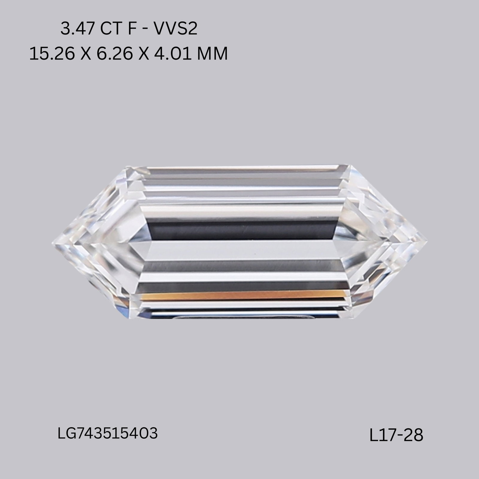 Loose Diamond - HEXAGONAL 3.47ct F VVS2: Loose Diamond - HEXAGONAL 3.47ct F VVS2 Source: This is a real non-mined Diamond that has been grown in a lab Shape: HEXAGONAL Carats: 3.47 Color: F Clarity: VVS2 Certification: IGI Video: