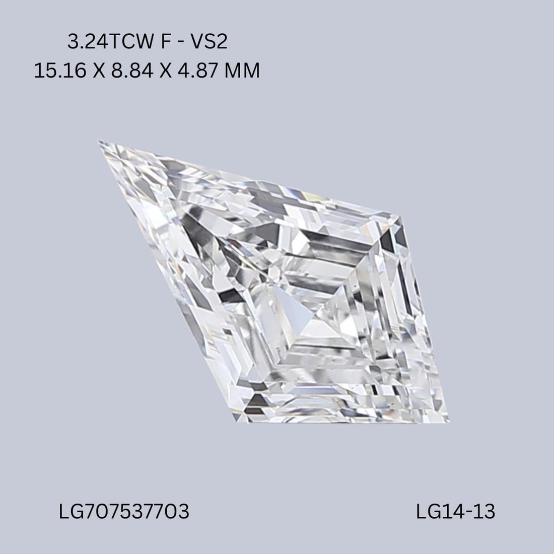 Loose Diamond - KITE 3.24ct F VS2: Loose Diamond - KITE 3.24ct F VS2 Source: This is a real non-mined Diamond that has been grown in a lab Shape: KITE Carats: 3.24 Color: F Clarity: VS2 Certification: IGI Video: