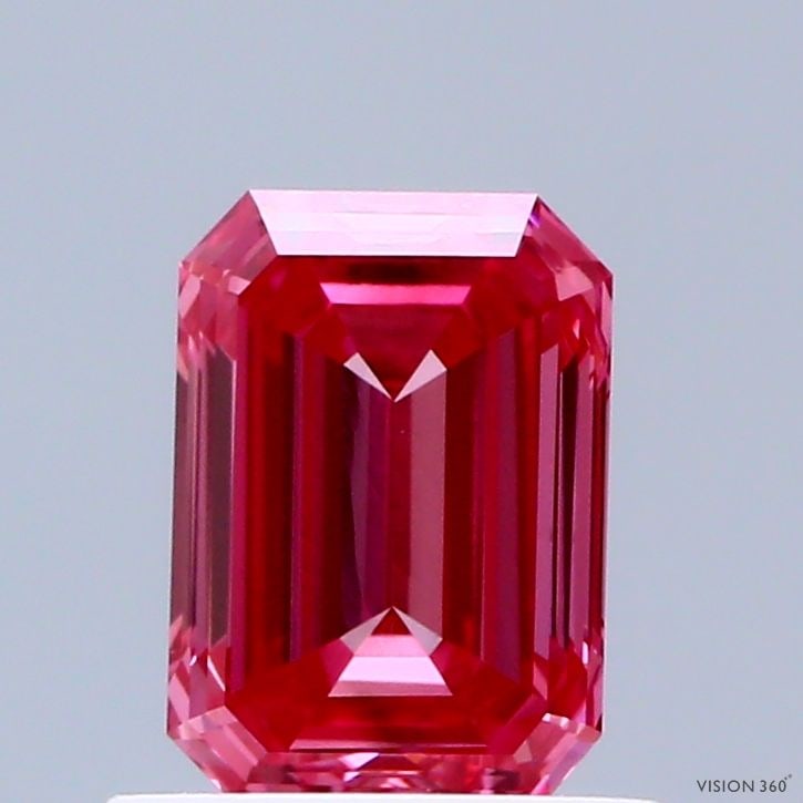 Loose Diamond - EMERALD 0.9ct Fancy Vivid Pink VS1: Loose Diamond - EMERALD 0.9ct Fancy Vivid Pink VS1 Source: This is a real non-mined Diamond that has been grown in a lab Shape: EMERALD Carats: 0.9 Color: Fancy Vivid Pink Certification: IGI Video: