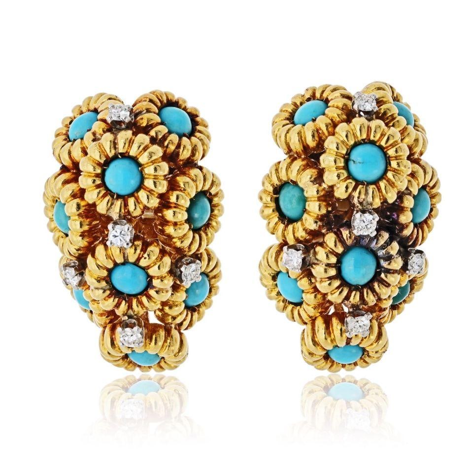 Clip-On Earrings in 18K Gold with Turquoise and Diamond Floral Design: Clip-On Earrings in 18K Gold with Turquoise and Diamond Floral Design These 18K yellow gold clip-on earrings feature a richly dimensional flower motif, showcasing sculptural, fluted gold blossoms arra
