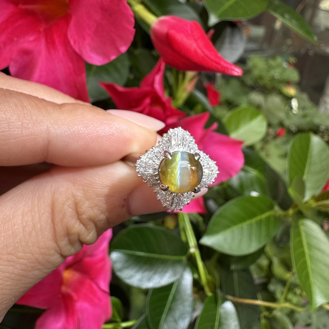 Vintage Platinum 4.53ct Cat's Eye Diamond Ballerina Ring: Vintage Platinum 4.53ct Cat's Eye Diamond Ballerina Ring This exquisite vintage cocktail ring showcases a stunning 4.53ct natural cabochon cat's eye gemstone, prong set in solid platinum. The main sto
