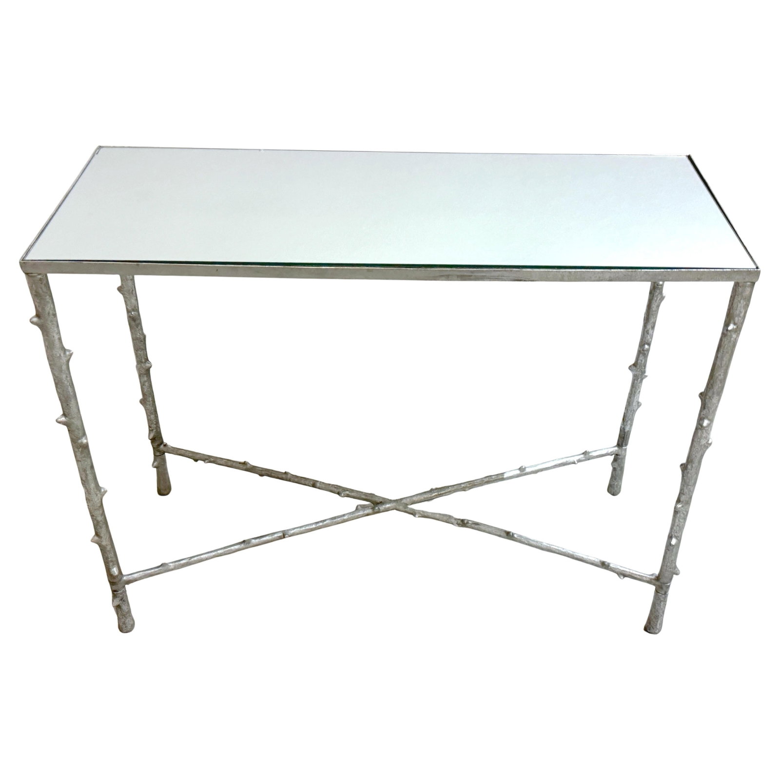 Vintage Silver-Leaf Faux Bois Console Table with Mirrored Glass Top: Vintage Silver-Leaf Faux Bois Console Table with Mirrored Glass Top This vintage console table beautifully combines modern design with nature-inspired aesthetics. Crafted in the faux bois style, its f