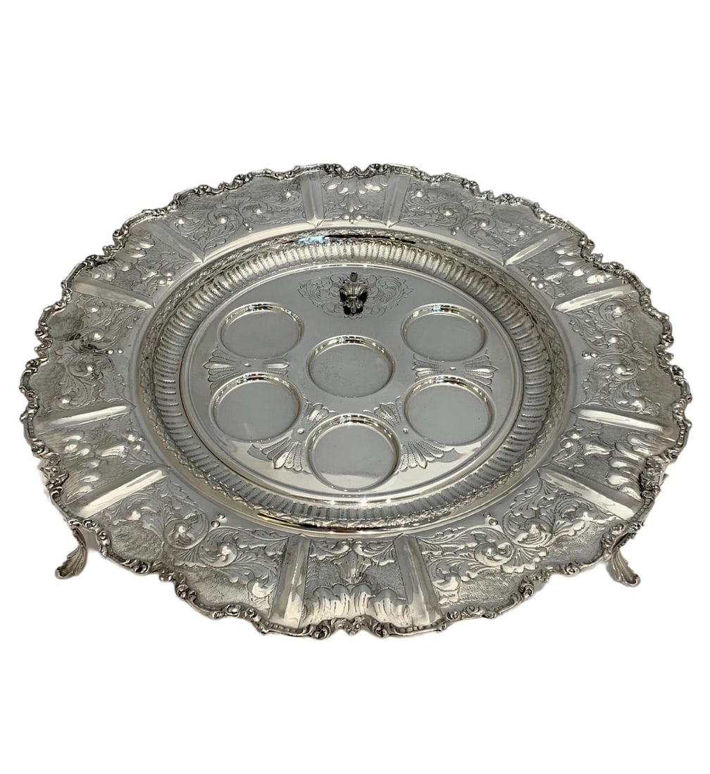 Ornate Italian 925 Sterling Silver Handmade Seder Plate with Leaf Applique (1 of 4)