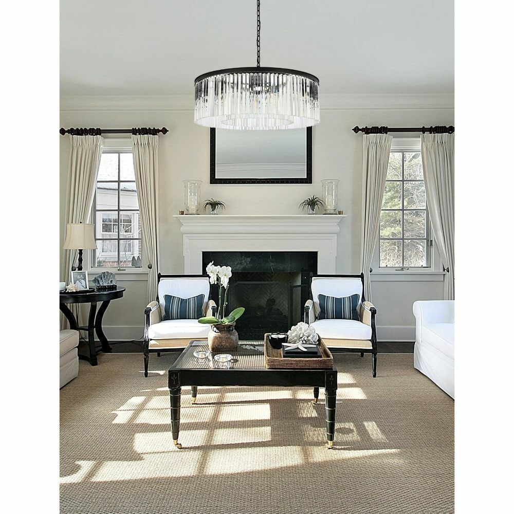 Sydney 10 Light Matte Black Crystal Chandelier 43.5 Inch: Sydney 10 Light Matte Black Crystal Chandelier 43.5 Inch This large modern chandelier features a matte black frame adorned with high-quality clear royal cut crystals, creating a striking centerpiece f