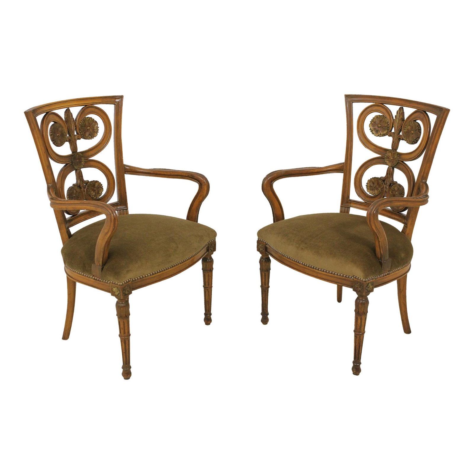 Elegant Pair of Neoclassical Carved Armchairs with New Upholstery: Elegant Pair of Neoclassical Carved Armchairs with New Upholstery This exquisite pair of neoclassical carved back open armchairs features fine carved details and high-quality construction, embodying a