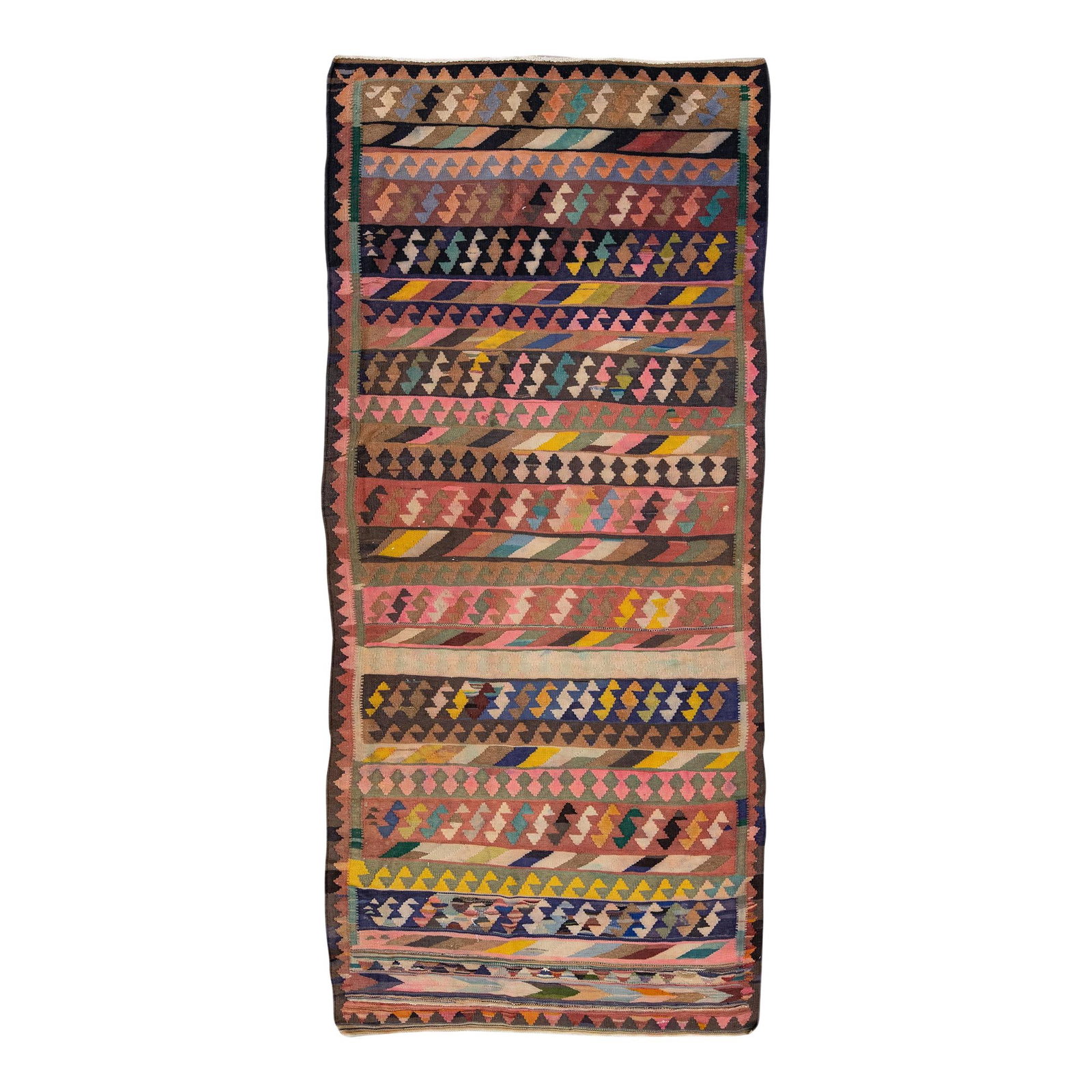Vintage Kilim Handmade Wool Runner 4'10 x 10'8 Multicolor Tribal Design: Vintage Kilim Handmade Wool Runner 4'10 x 10'8 Multicolor Tribal Design This exquisite Vintage Kilim Handmade Flatweave Runner features a rich brown field adorned with vibrant multicolor accents and a