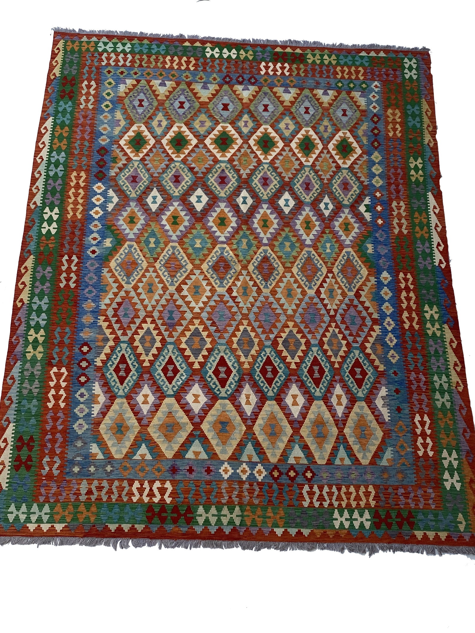 10' x 13' Multi-Color Red Handmade Tribal Kilim Rug from Afghanistan: 10' x 13' Multi-Color Red Handmade Tribal Kilim Rug from Afghanistan Free continental US Shipping Introduce a burst of color and character into your living space with our 10' x 13' Multi-Color Red Han