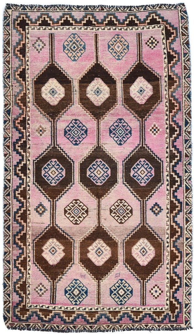 Vintage 1960s Hand-Knotted Wool Rug 4'1 x 7' Geometric Design: Vintage 1960s Hand-Knotted Wool Rug 4'1 x 7' Geometric Design Enhance your space with this semi-antique wool rug, featuring a stunning geometric design that complements farmhouse and vintage aesthetic