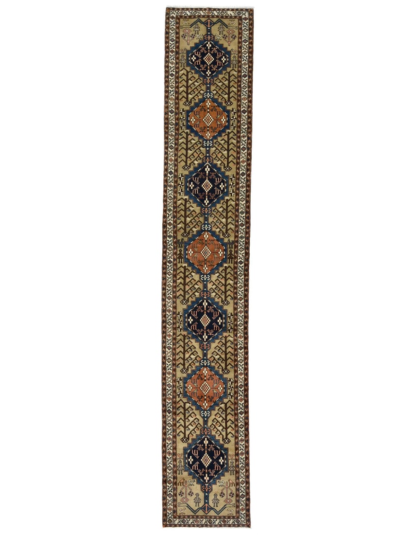 Hand-Knotted Wool Runner Rug Vintage Geometric Pattern 3'0 x 17'9 Tribal Style: Hand-Knotted Wool Runner Rug Vintage Geometric Pattern 3'0 x 17'9 Tribal Style This oversized vintage runner rug features a geometric tribal pattern in a rich palette of beige, brown, cream, blue, pas