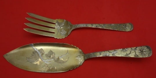 J.E. Caldwell sterling fish serving set gold washed brite cut 11 3 4 (1 of 1)