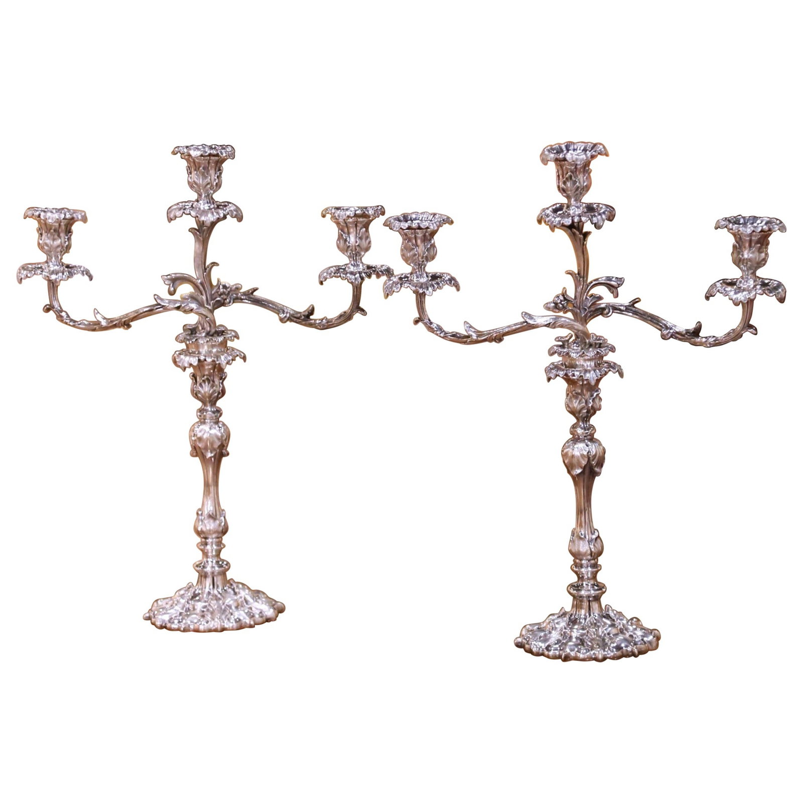 Set of Two Rococo Revival Silvered Bronze Three-Arm English Candelabras (1 of 13)