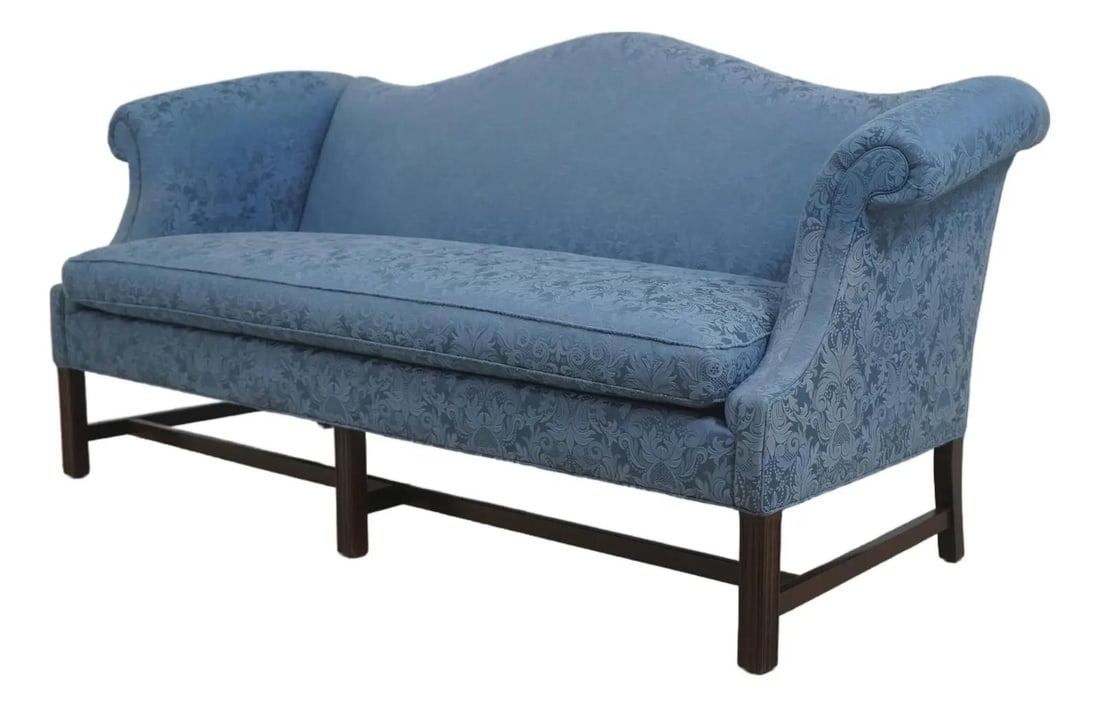 Hancock Moore blue damask camelback mahogany sofa Chippendale style: Hancock Moore blue damask camelback mahogany sofa Chippendale style This Chippendale style sofa by Hancock & Moore features a classic 18th-century inspired design with a camelback silhouette and tradi