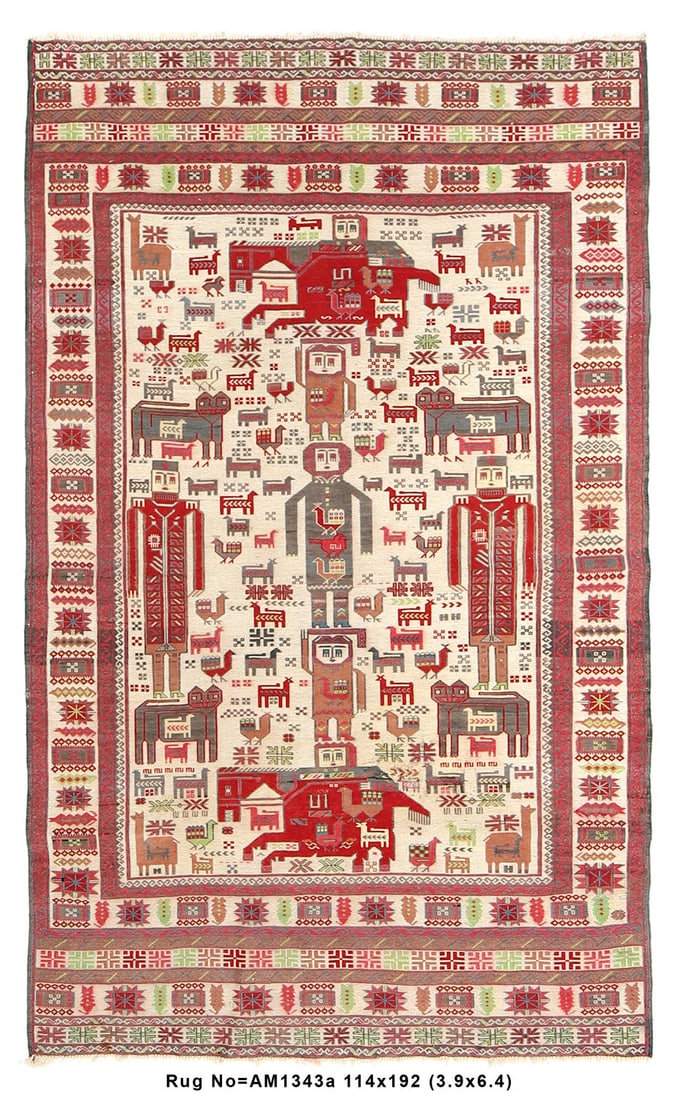 3.9 x 6.4 Hand-Knotted Afghan Rug with Pictorial Design: 3.9 x 6.4 Hand-Knotted Afghan Rug with Pictorial Design Free continental US Shipping Discover the allure of this captivating 3.9 x 6.4-foot Interesting Pictorial Raised Wool Afghan Rug, a remarkable p
