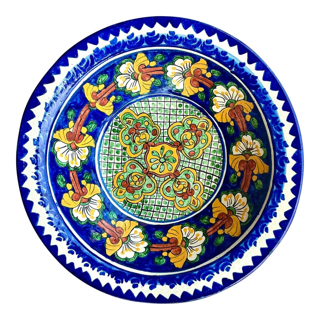 Vintage Hand Painted Talavera Bowl Cobalt Blue Floral Decor: Vintage Hand Painted Talavera Bowl Cobalt Blue Floral Decor Embrace the vibrant artistic tradition of Mexico with this stunning vintage hand-painted bowl. This large-scale ceramic piece features tradi