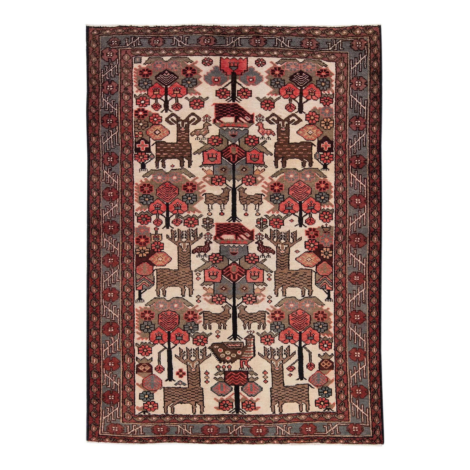 Vintage Persian Tabriz Handmade Wool Rug 4'6 x 6'6 Red: Vintage Persian Tabriz Handmade Wool Rug 4'6 x 6'6 Red This stunning vintage Persian Hamadan rug showcases exquisite craftsmanship, featuring a striking red color field complemented by a gray frame an